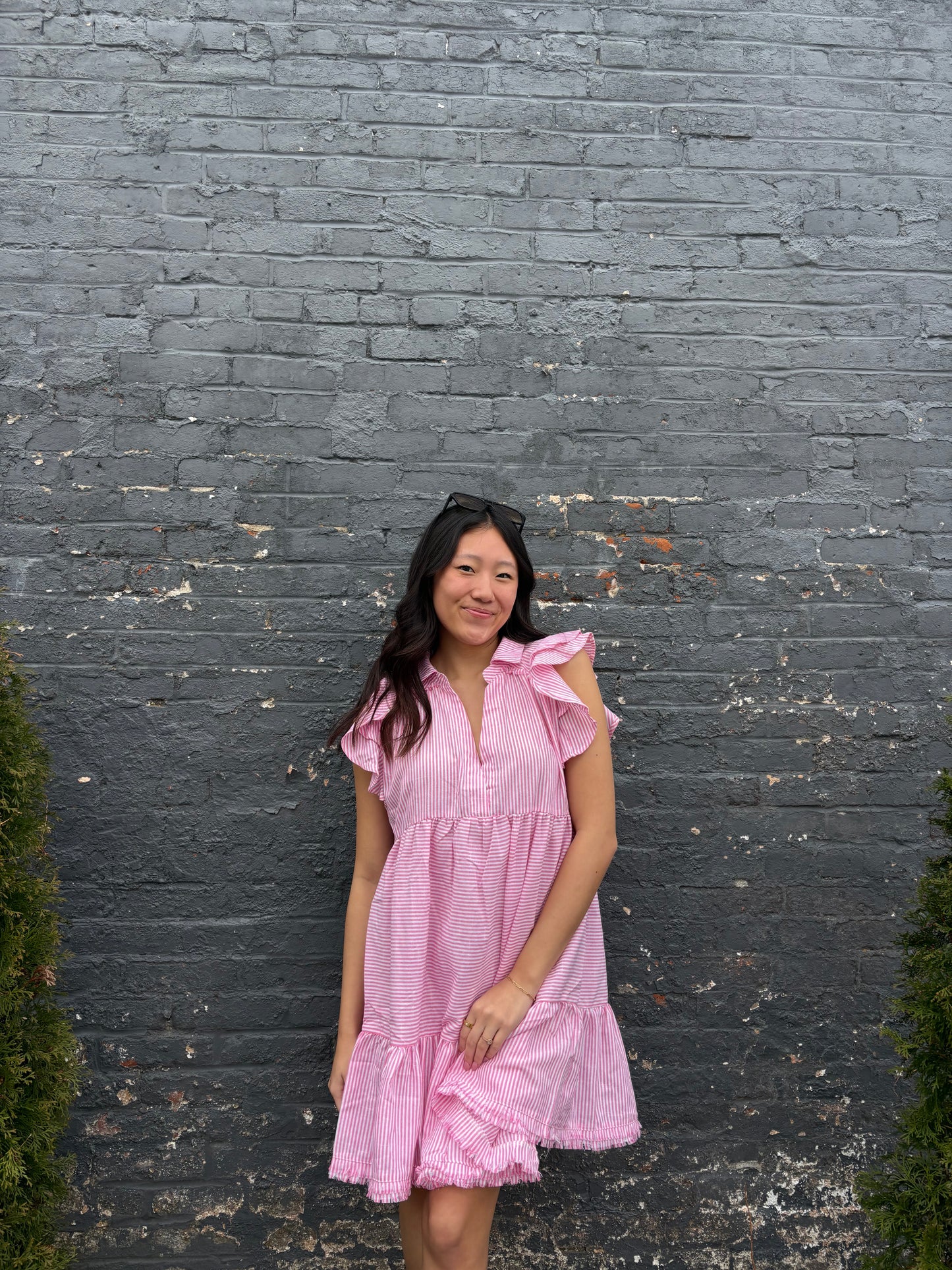 Striped Ruffle Sleeve Sun Dress Raw Hem | Queen Bee Boutique