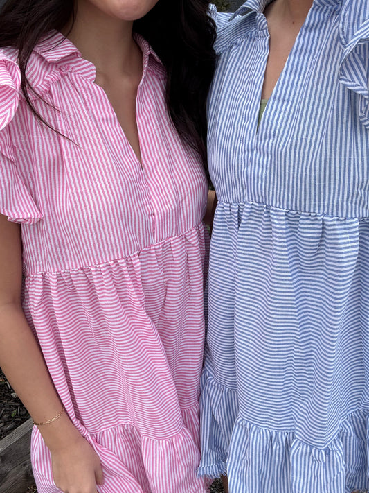 Striped Ruffle Sleeve Sun Dress Raw Hem | Queen Bee Boutique