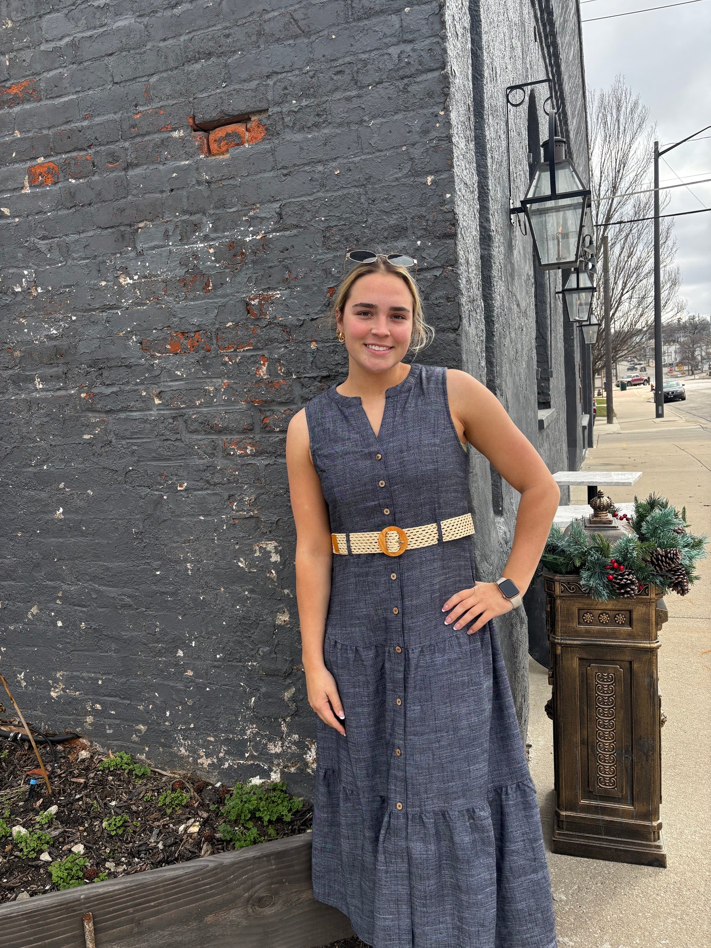 BUTTON DOWN BELTED SLEEVELESS TIERED MIDI DRESS | Queen Bee Boutique