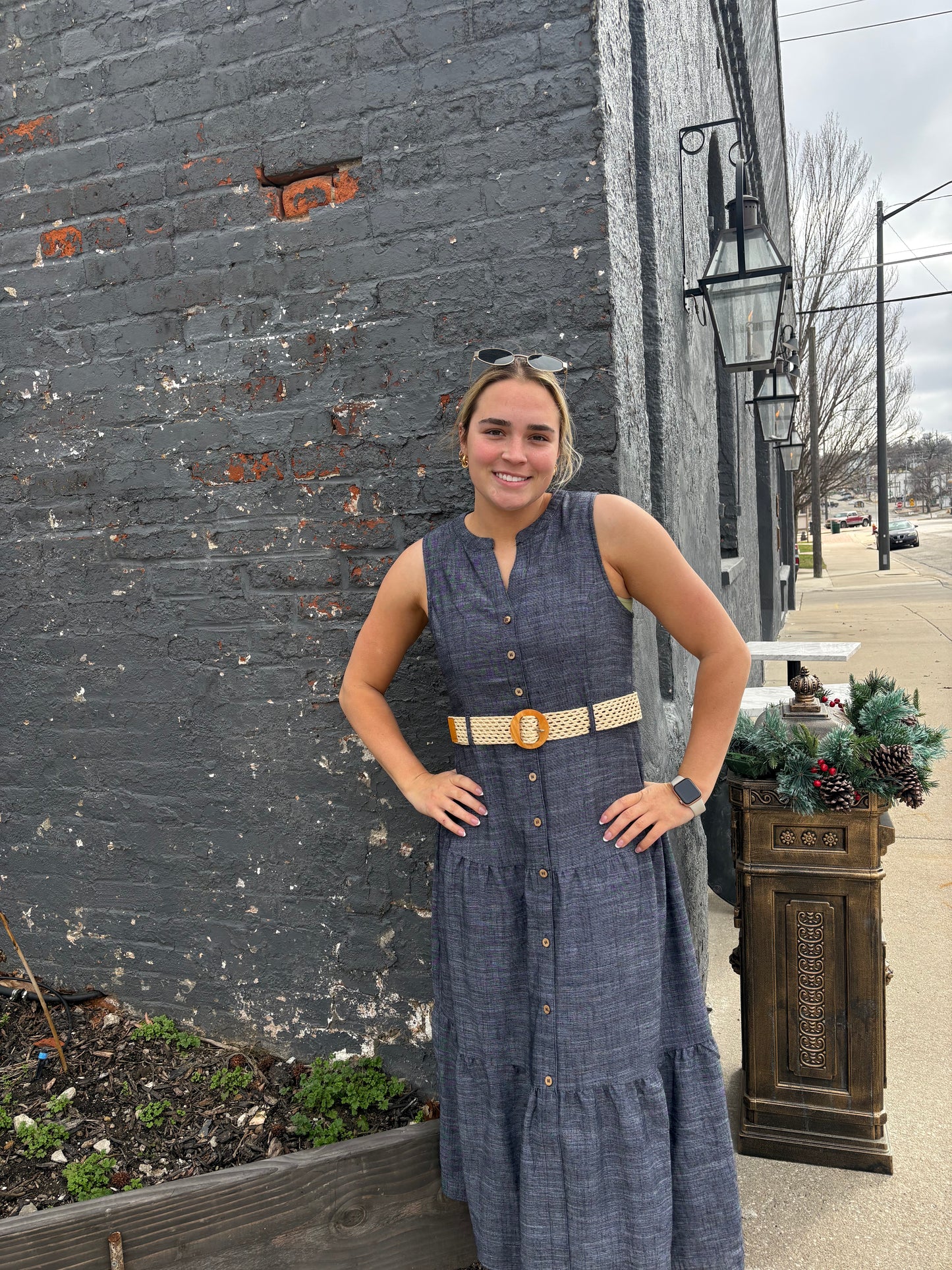 BUTTON DOWN BELTED SLEEVELESS TIERED MIDI DRESS | Queen Bee Boutique