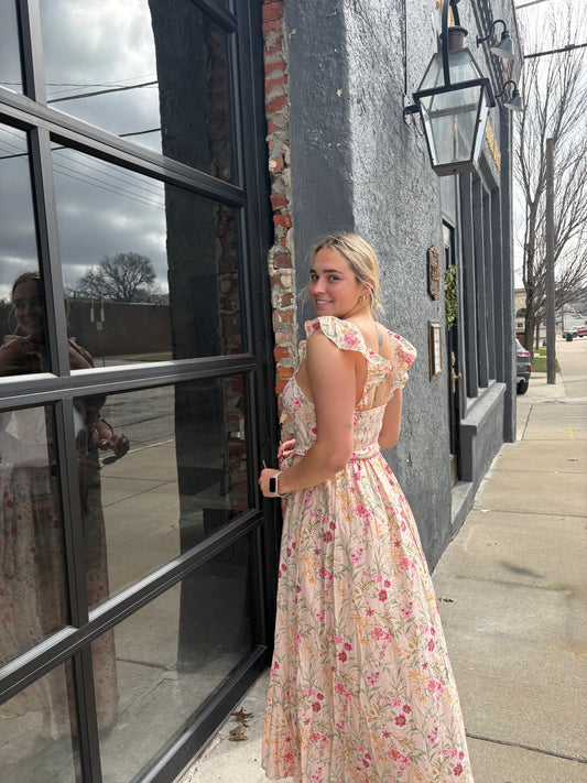 Flora Gardenia Sweetheart Midi Dress – Smocked Back & Ruffle Detail