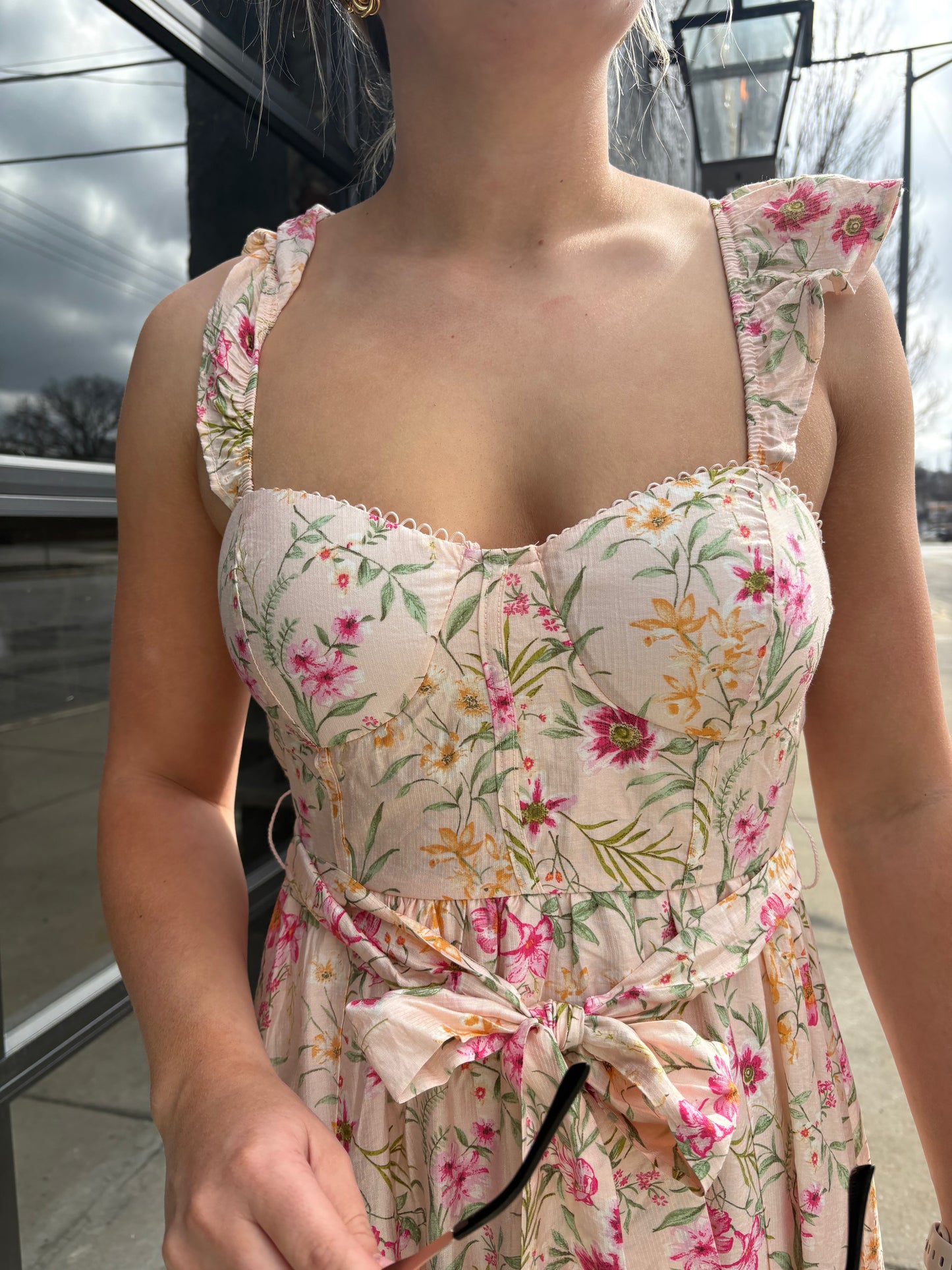 Flora Gardenia Sweetheart Midi Dress – Smocked Back & Ruffle Detail