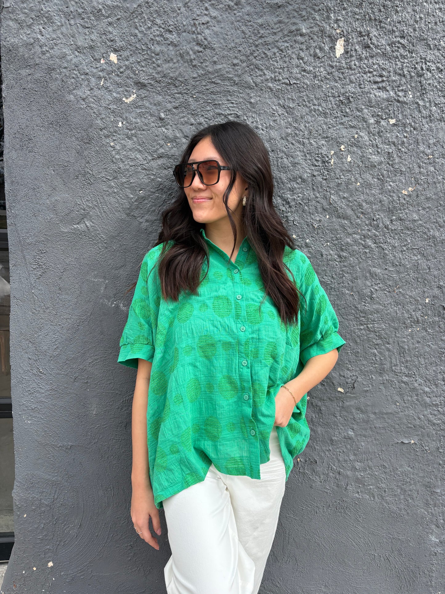 Oversized Textured Green Dot Dolman Short Sleeve Day Top | QB Boutique