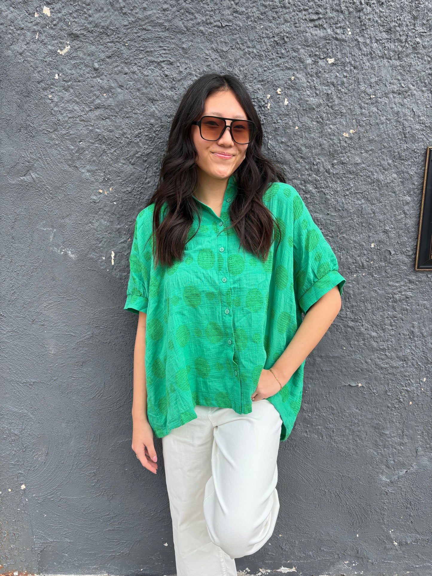 Oversized Textured Green Dot Dolman Short Sleeve Day Top | QB Boutique