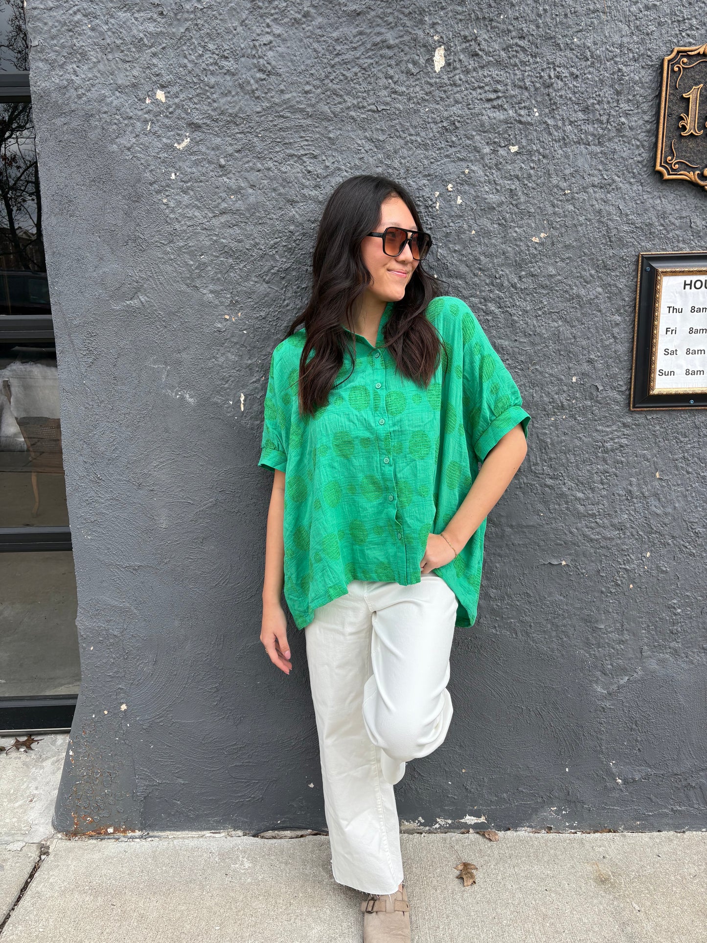 Oversized Textured Green Dot Dolman Short Sleeve Day Top | QB Boutique