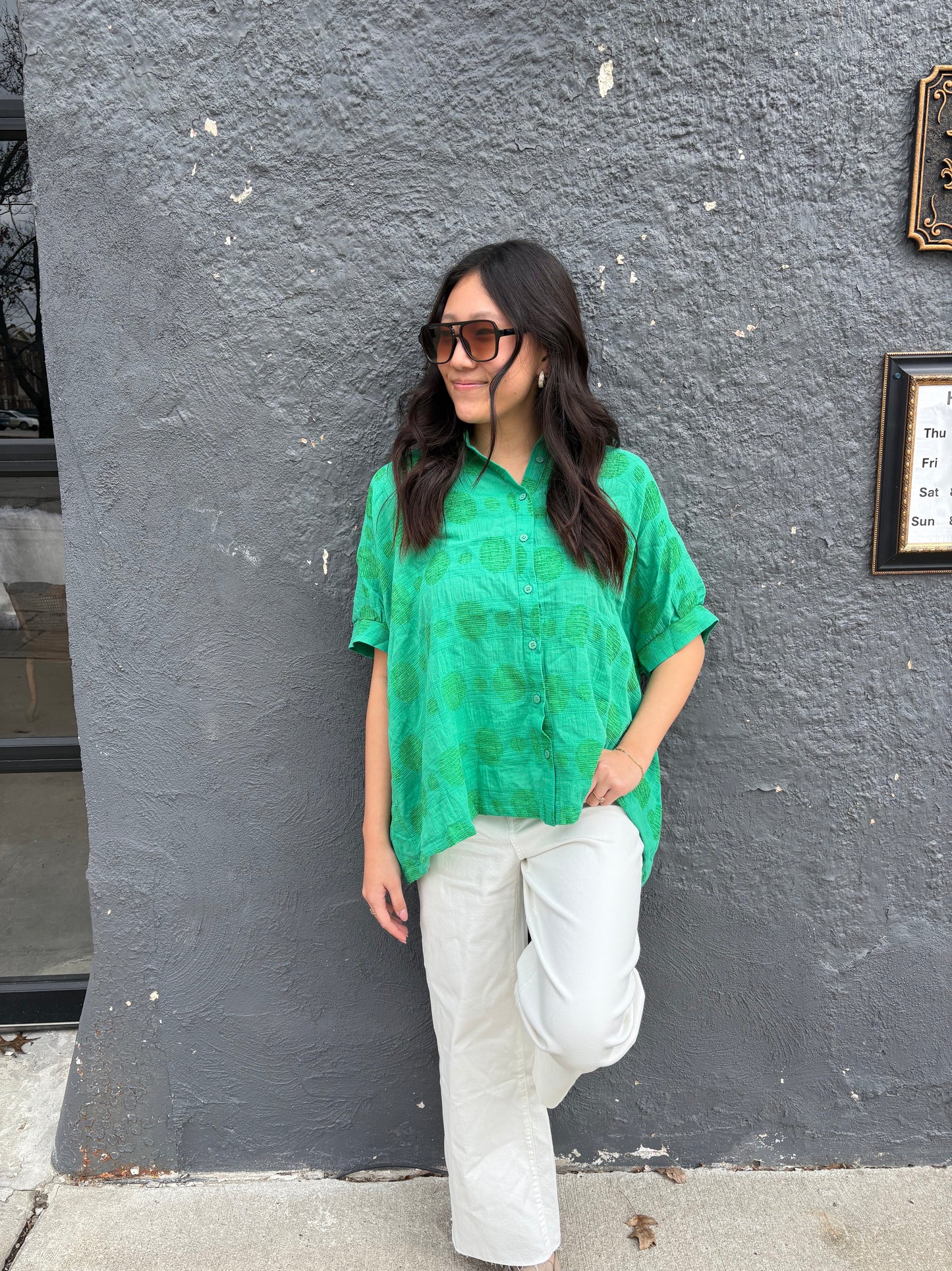 Oversized Textured Green Dot Dolman Short Sleeve Day Top | QB Boutique