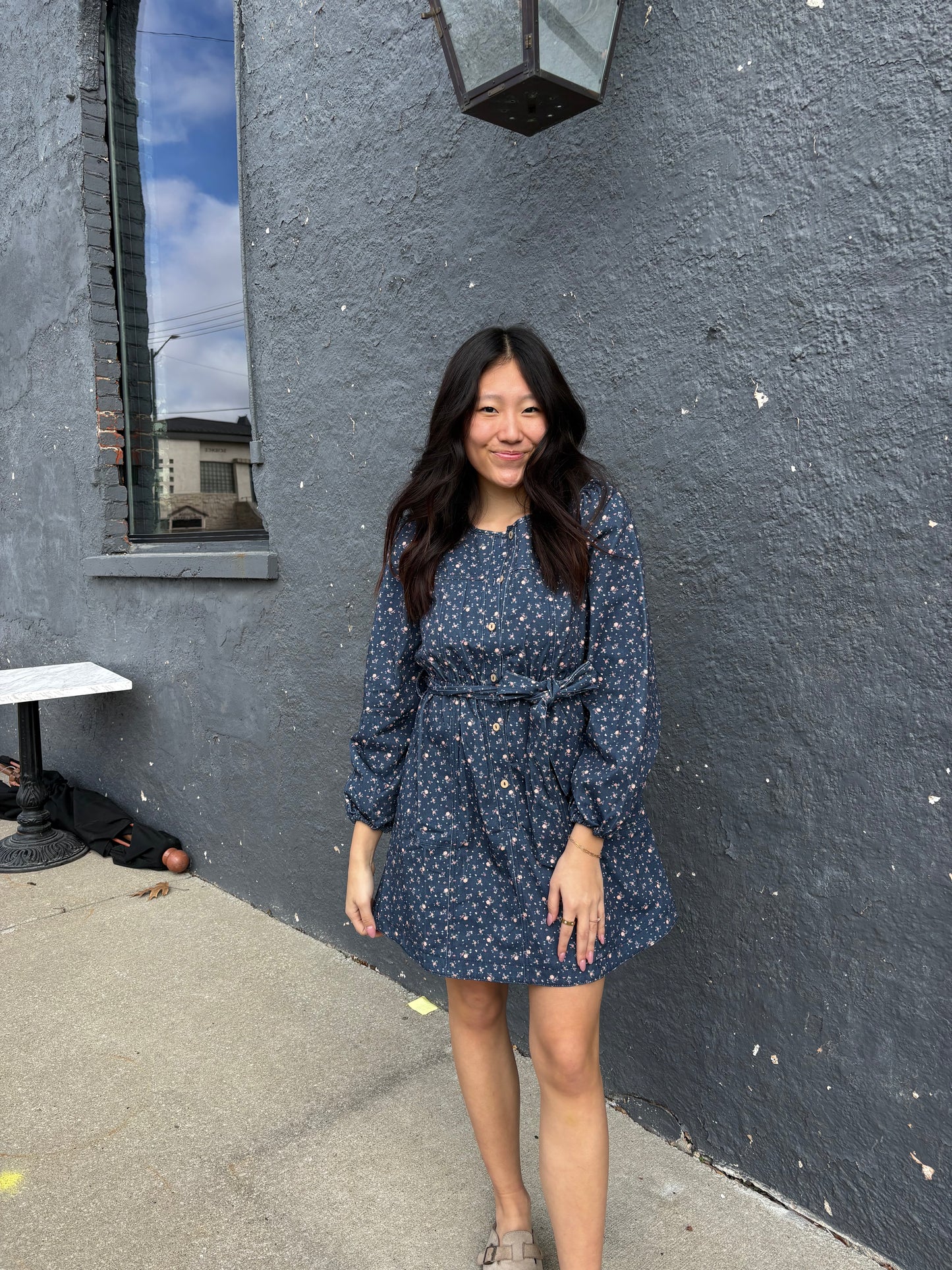 Midnight Floral Denim Mini Dress with Belt & Pockets | Queen Bee Boutique