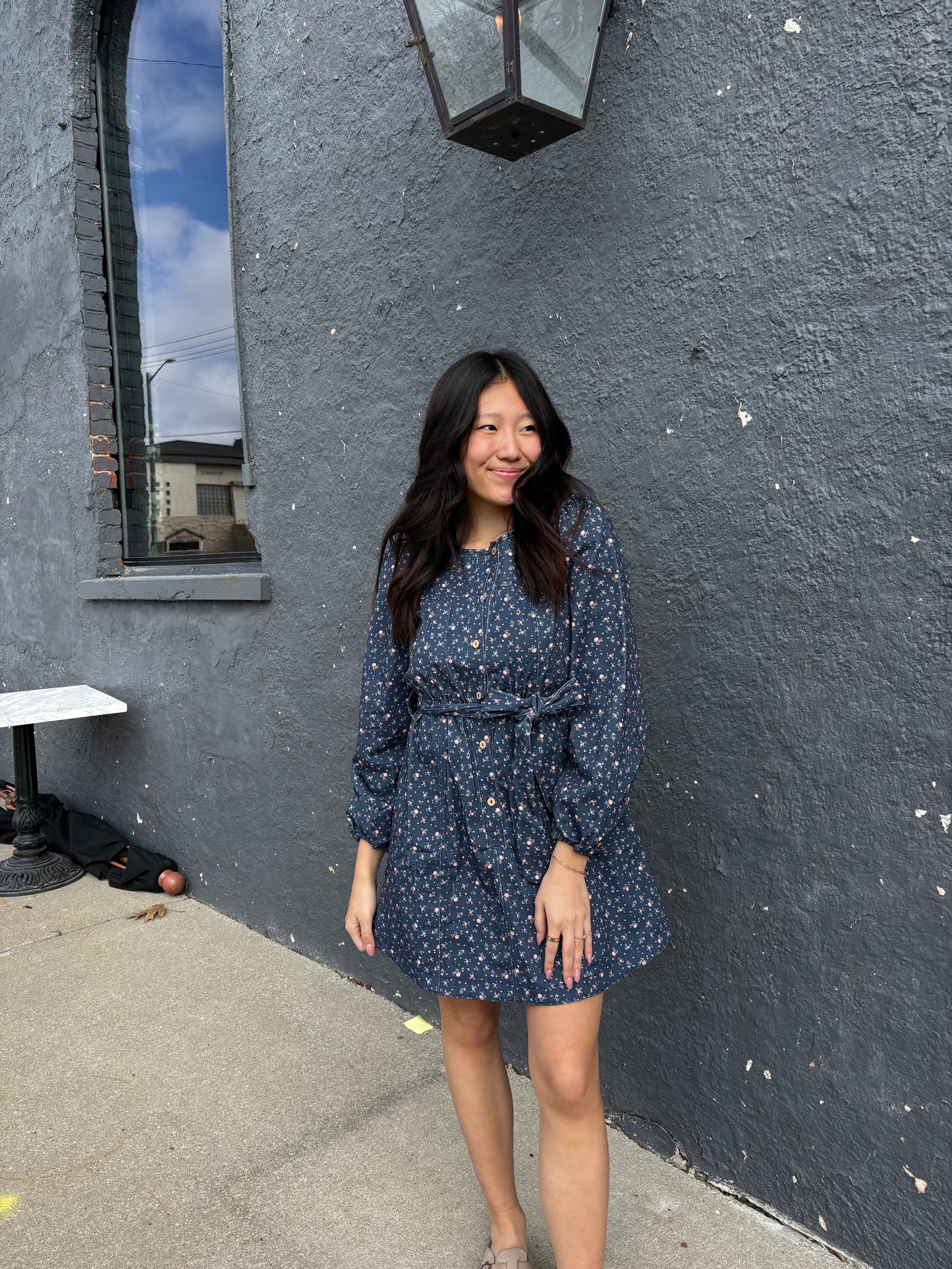 Midnight Floral Denim Mini Dress with Belt & Pockets | Queen Bee Boutique