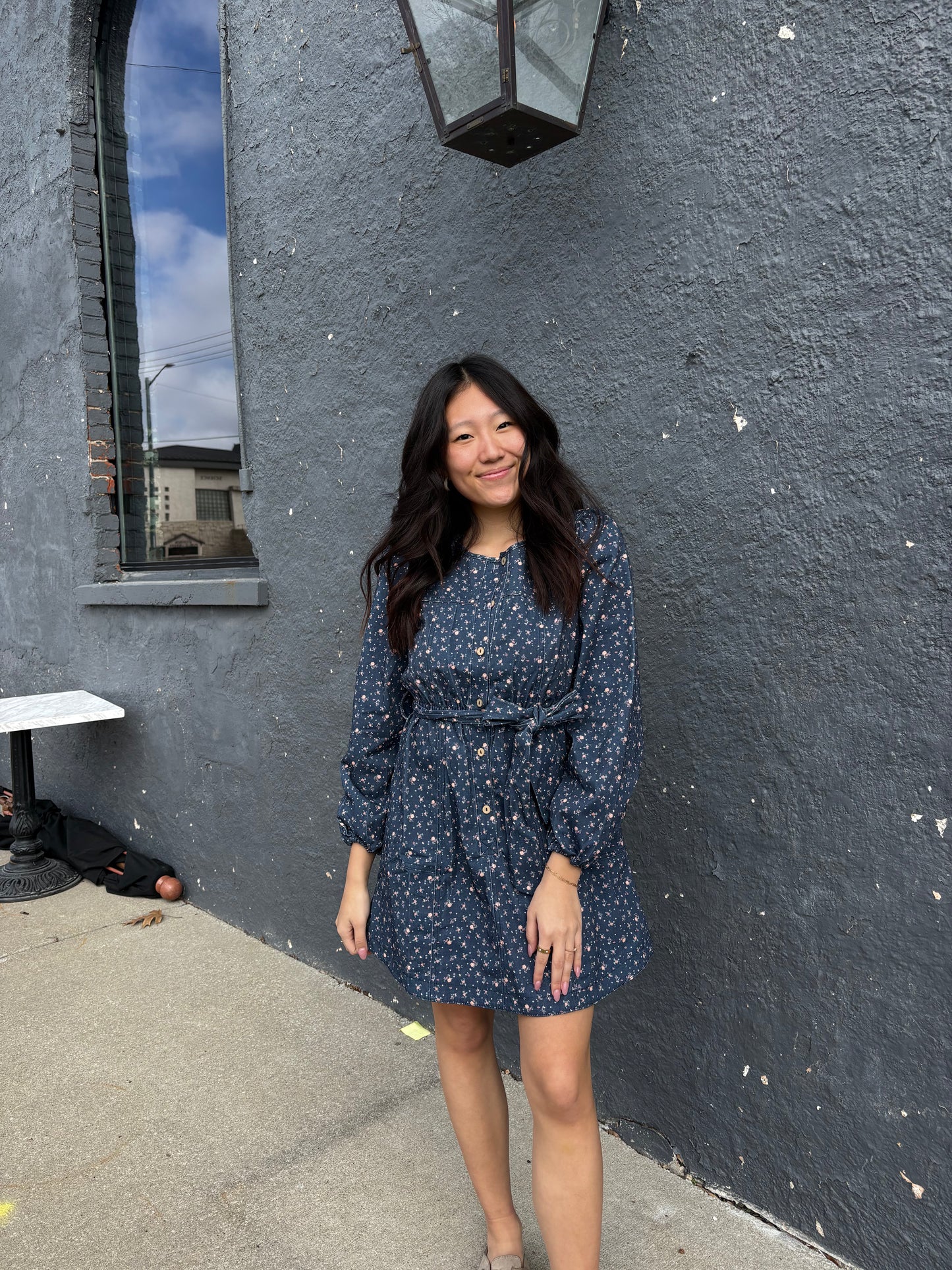 Midnight Floral Denim Mini Dress with Belt & Pockets | Queen Bee Boutique