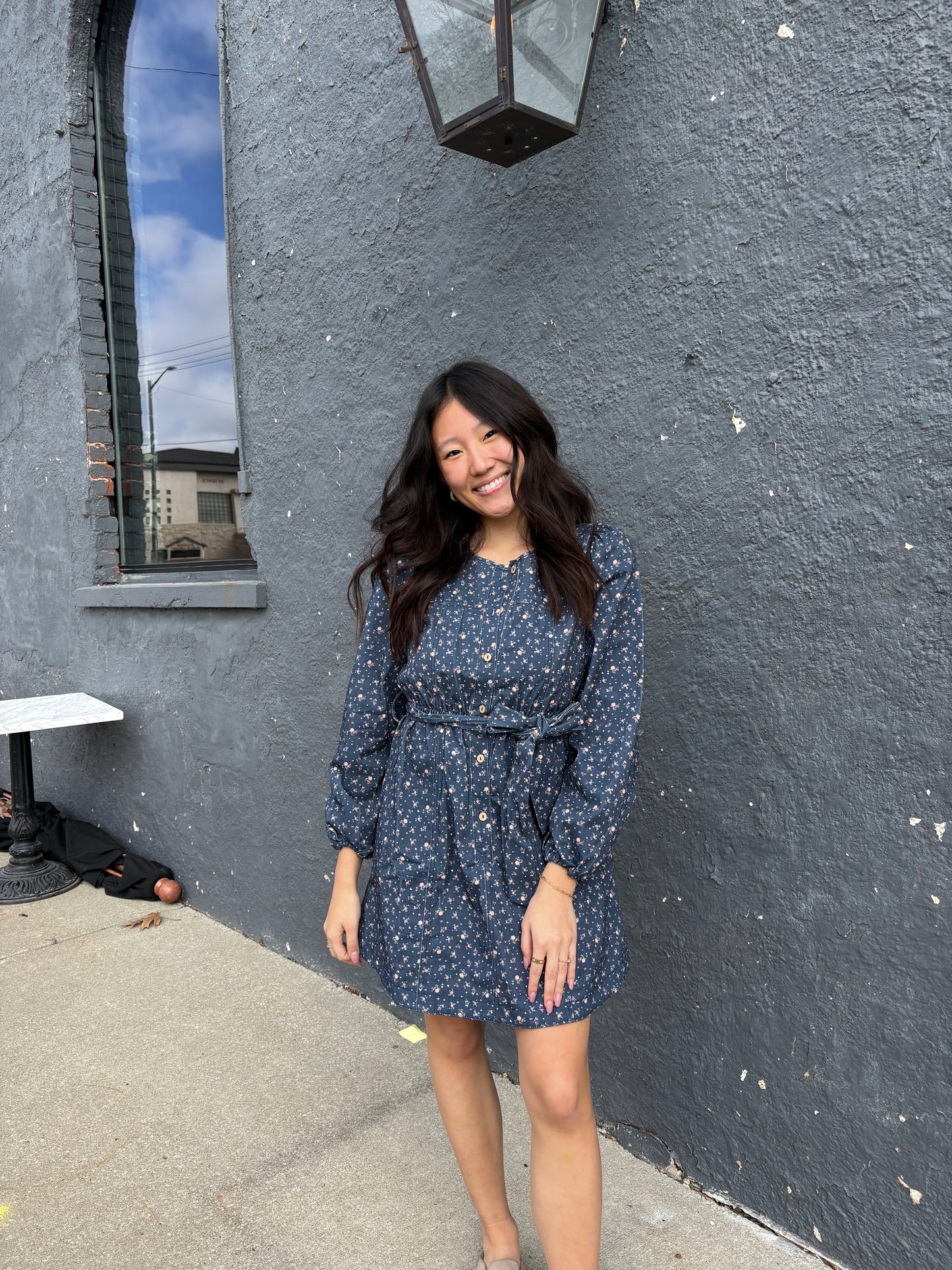 Midnight Floral Denim Mini Dress with Belt & Pockets | Queen Bee Boutique