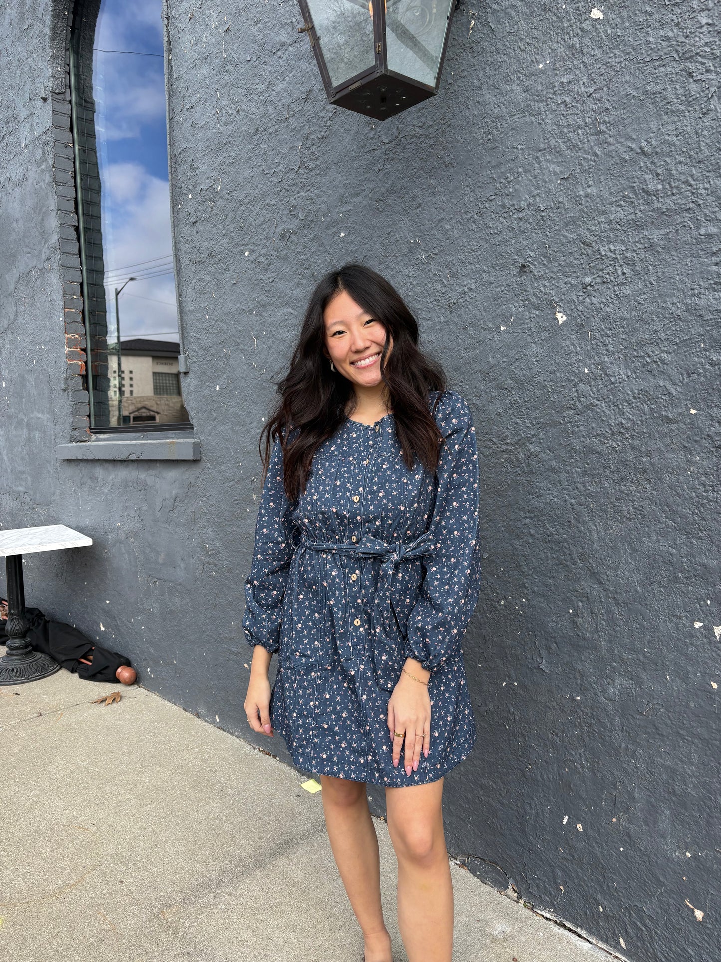Midnight Floral Denim Mini Dress with Belt & Pockets | Queen Bee Boutique