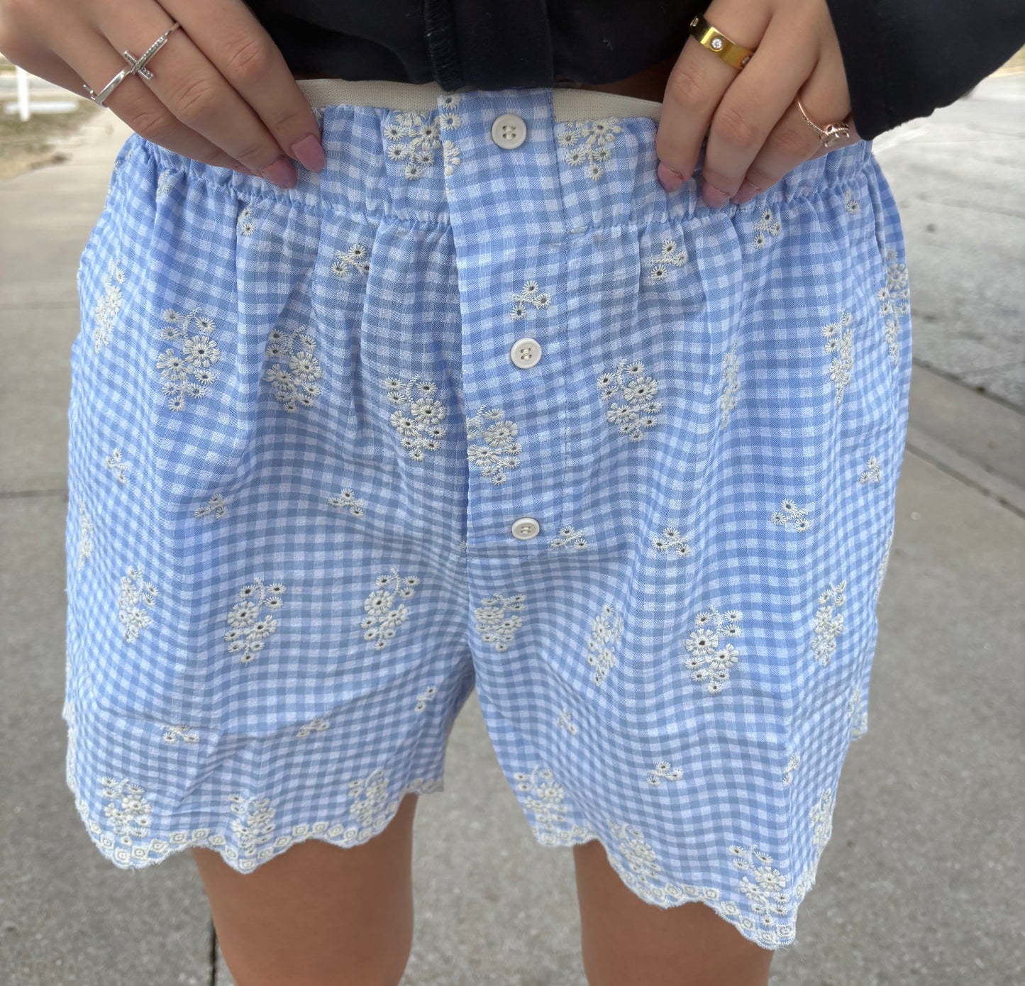Light Blue Gingham Boxer Shorts with Floral Embroidery
