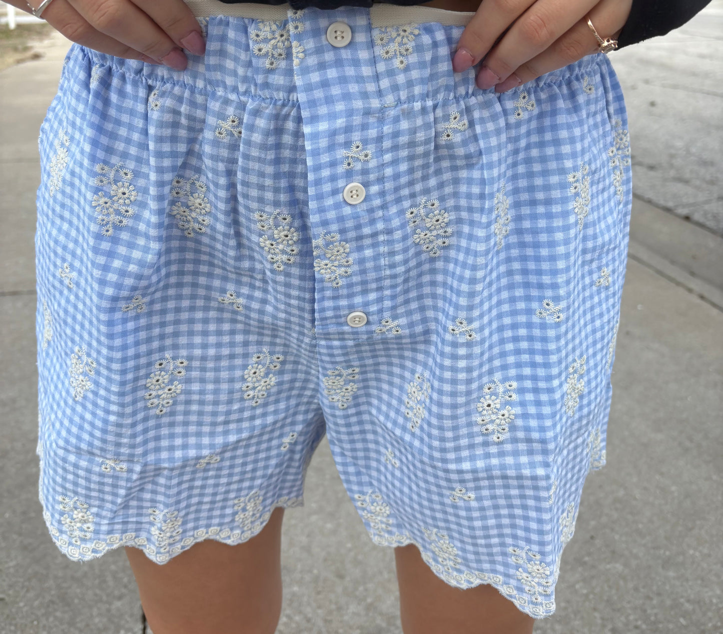 Light Blue Gingham Boxer Shorts with Floral Embroidery