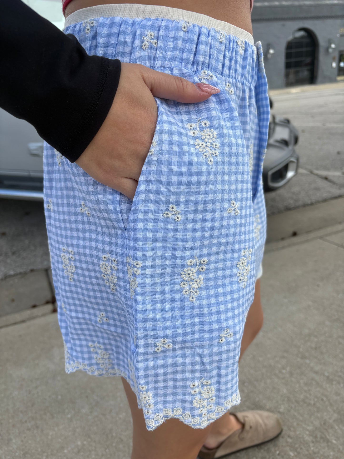 Light Blue Gingham Boxer Shorts with Floral Embroidery