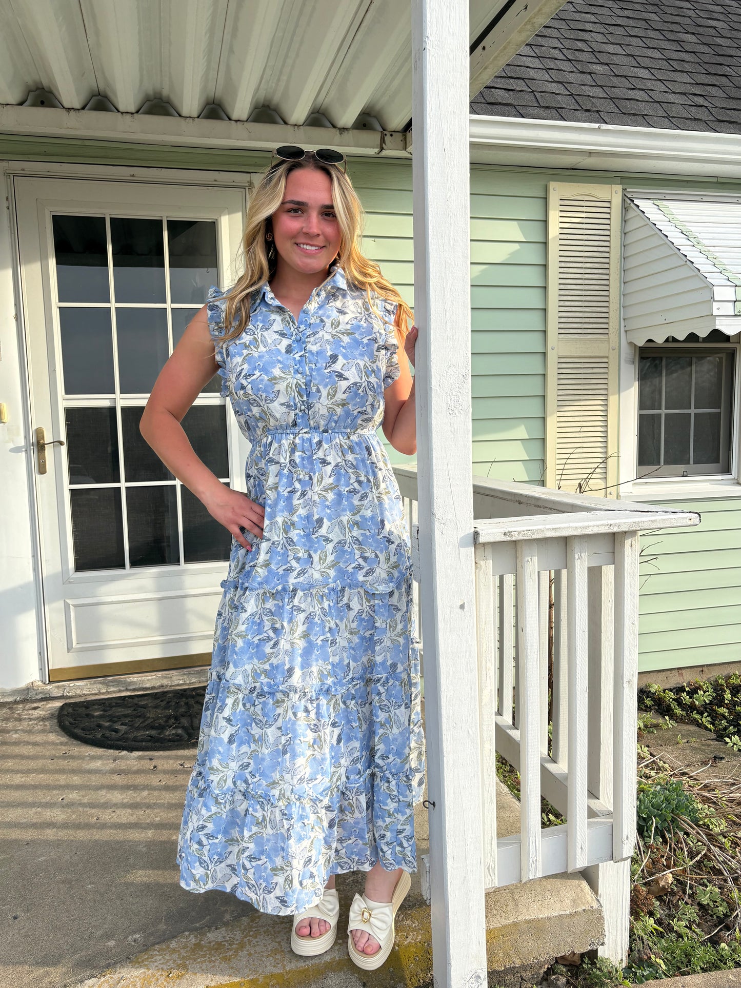 Sleeveless Button V Neck Midi Dress Blue Floral | Queen Bee Boutique