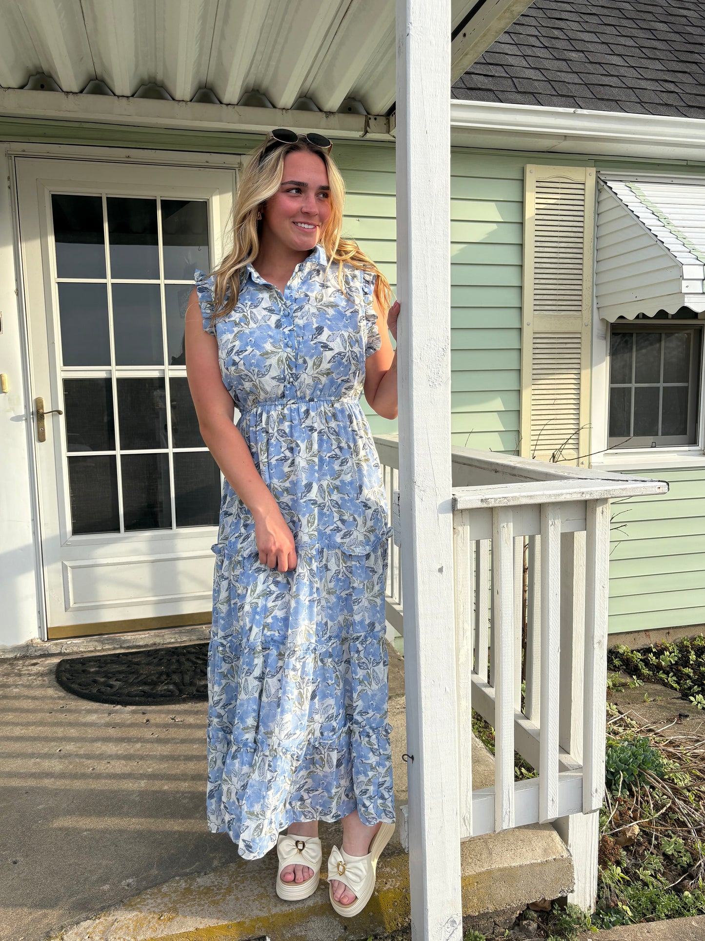Sleeveless Button V Neck Midi Dress Blue Floral | Queen Bee Boutique