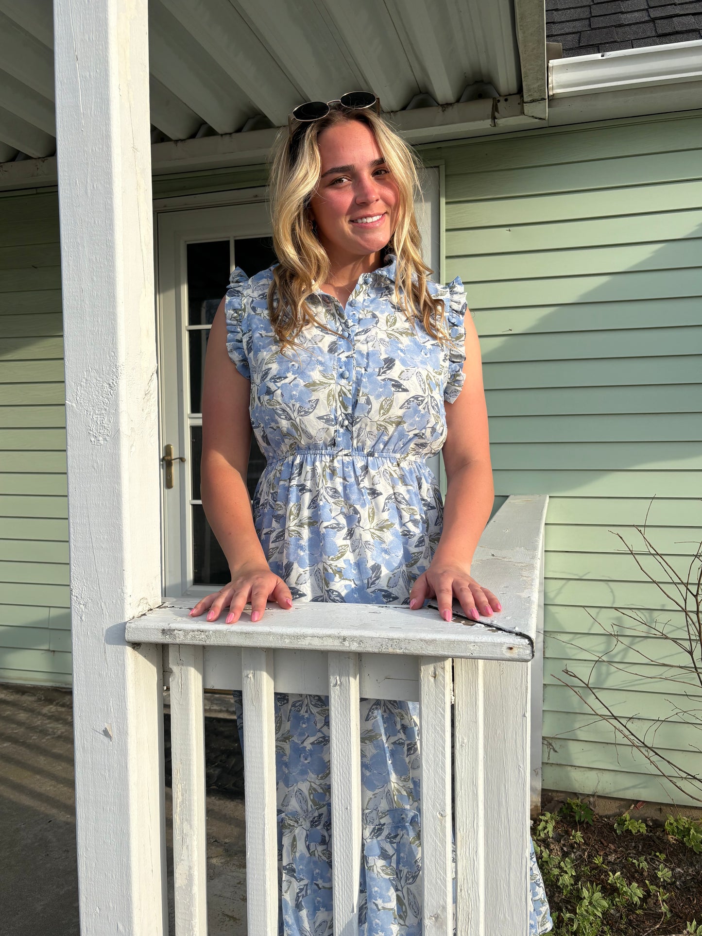 Sleeveless Button V Neck Midi Dress Blue Floral | Queen Bee Boutique