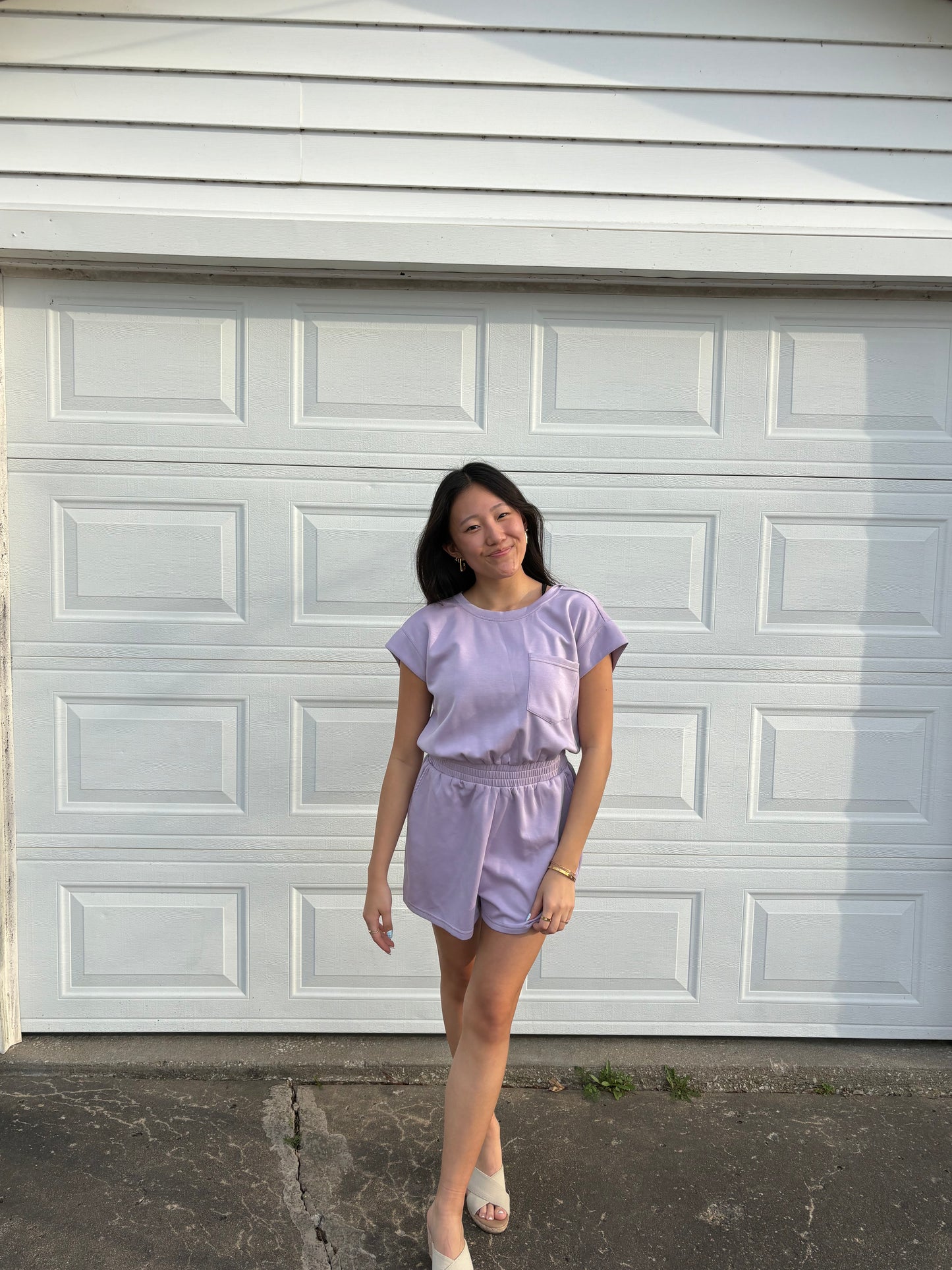 Lilac Scuba Material Romper Active Wear Short Sleeve | Queen Bee Customs