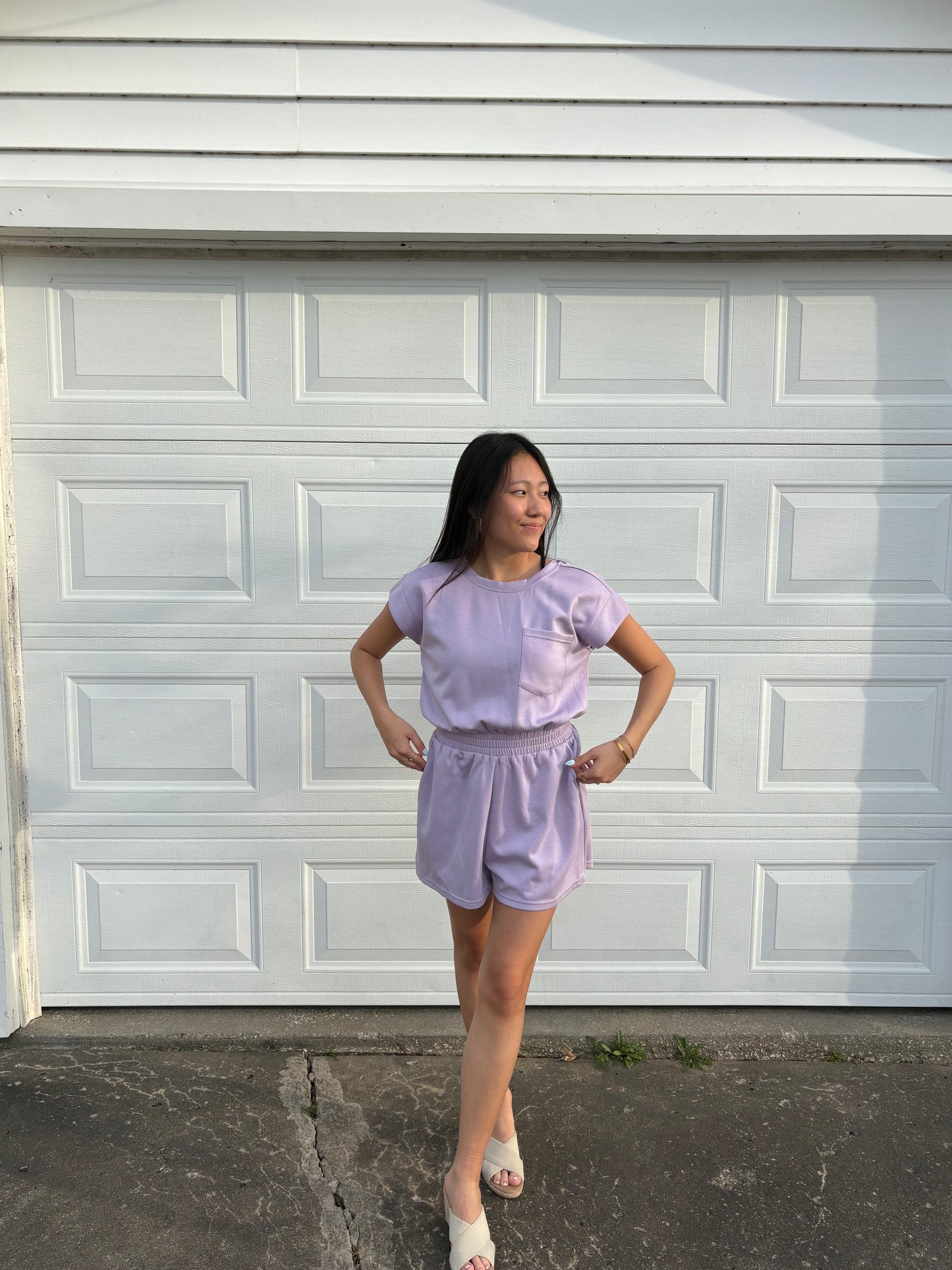 Lilac Scuba Material Romper Active Wear Short Sleeve | Queen Bee Customs