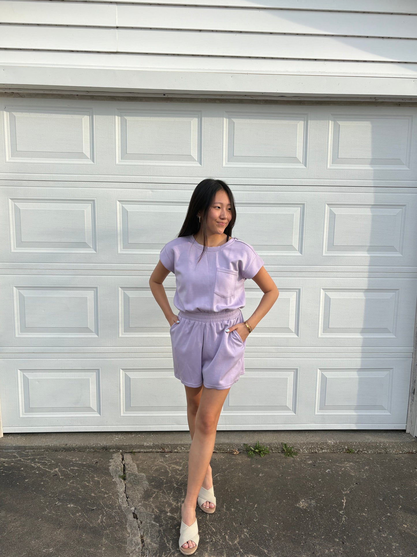 Lilac Scuba Material Romper Active Wear Short Sleeve | Queen Bee Customs