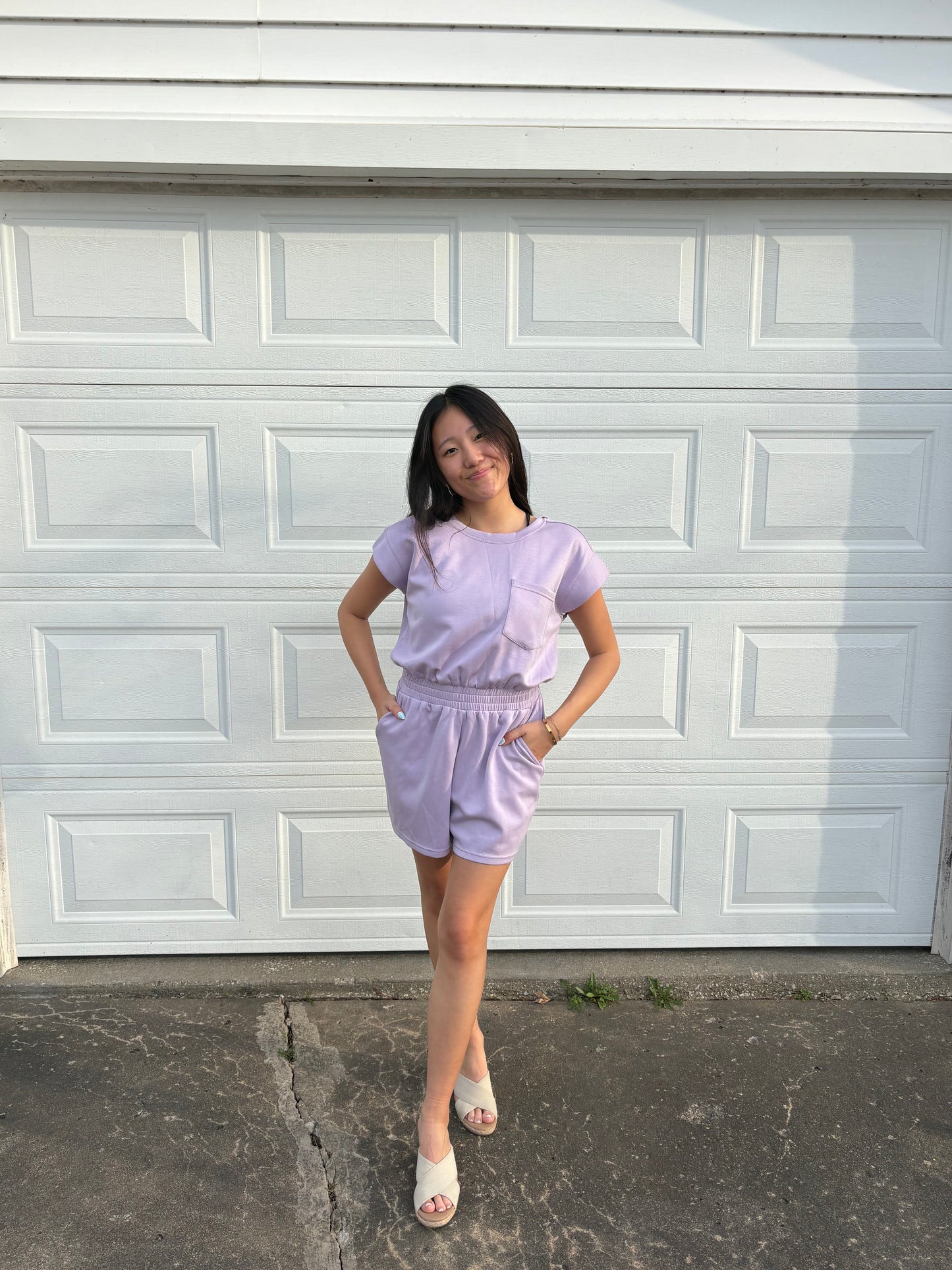 Lilac Scuba Material Romper Active Wear Short Sleeve | Queen Bee Customs