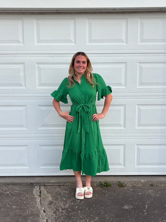 Tiered Kelly Green Belted Dress 1/2 Sleeve Flutter | Queen Bee Boutique
