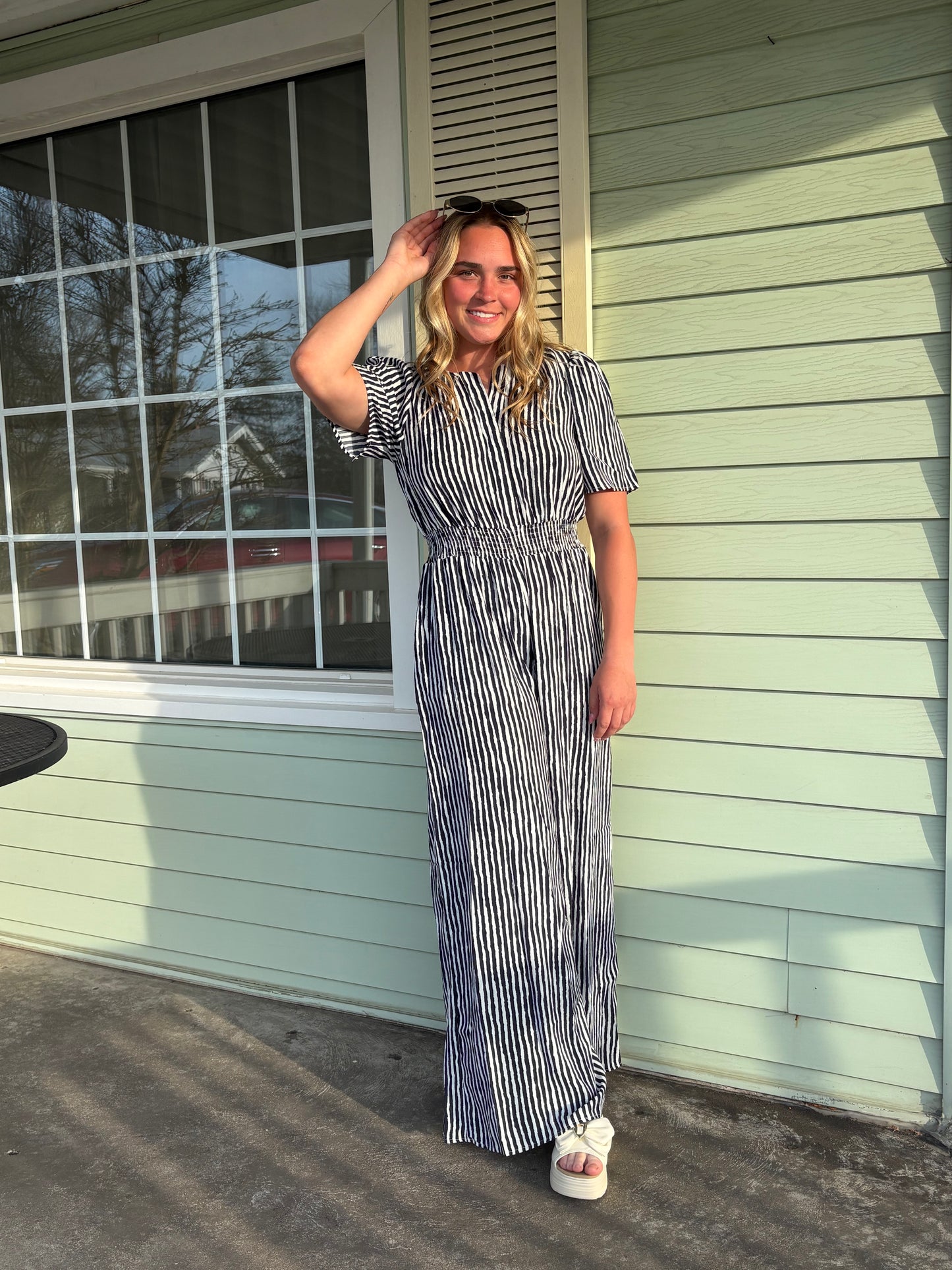 Navy White Lined Jumpsuit Short Sleeve Cinched Waist