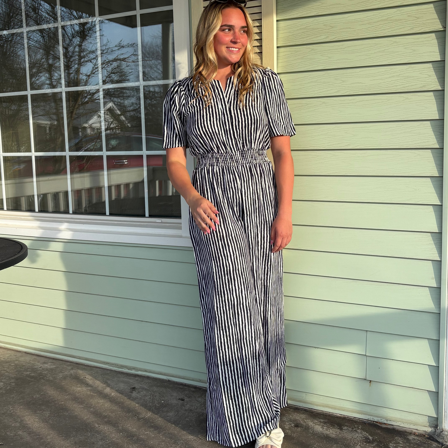 Navy White Lined Jumpsuit Short Sleeve Cinched Waist