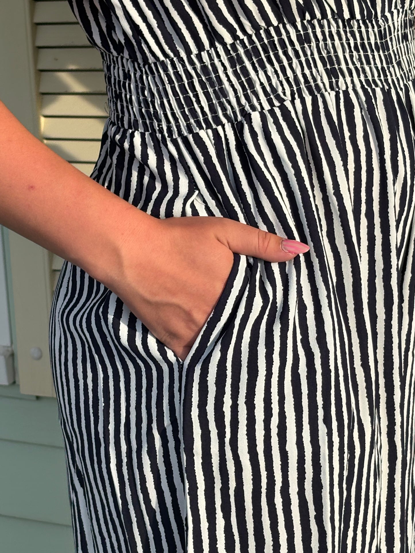 Navy White Lined Jumpsuit Short Sleeve Cinched Waist