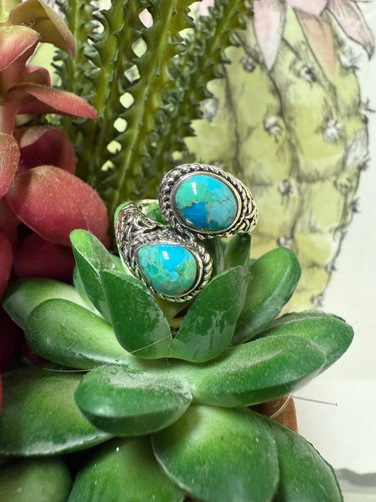 2 Stone Turquoise Boho Adjustable Wrap Ring