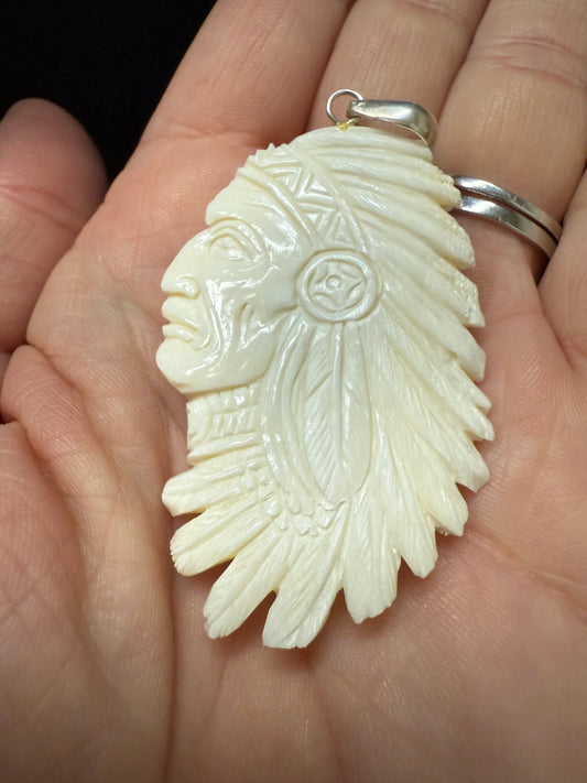 Native American Chief Headdress Carved Pendant
