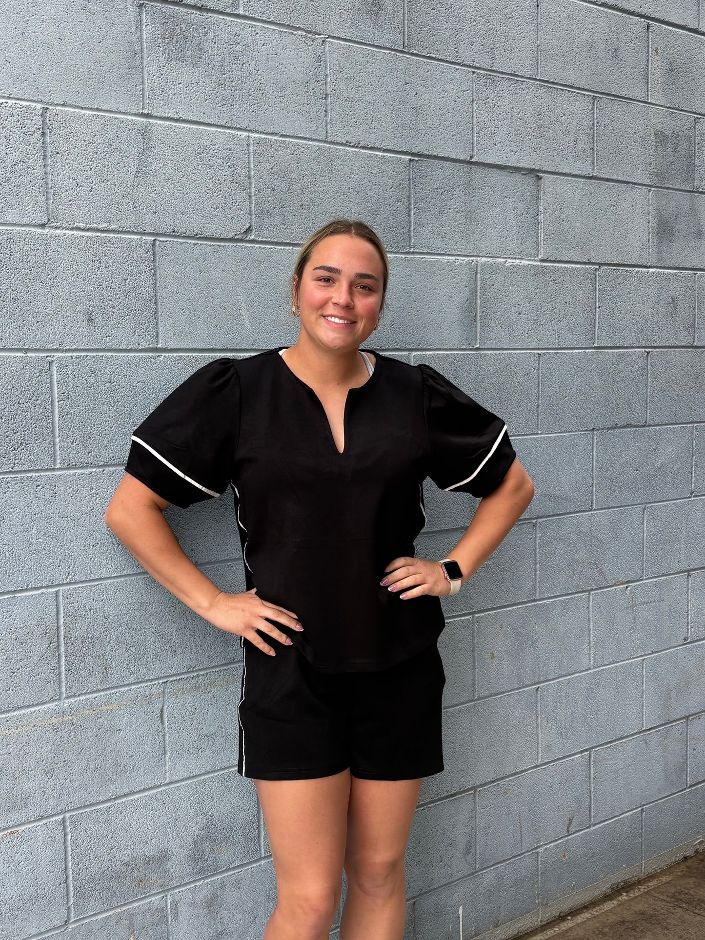 Black Scuba 2-Piece Short Set with White Piping - Athleisure Loungewear