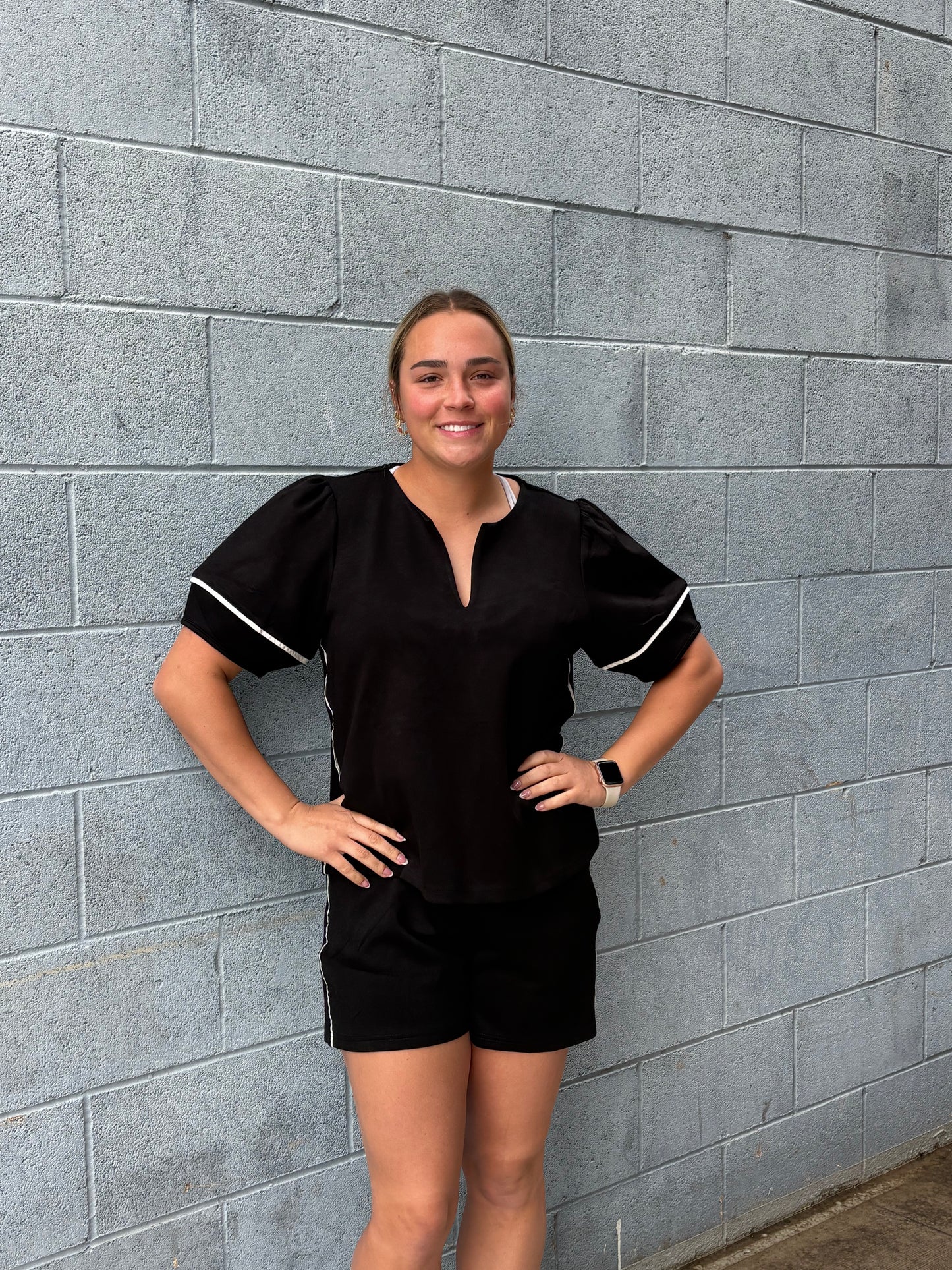 Black Scuba 2-Piece Short Set with White Piping - Athleisure Loungewear