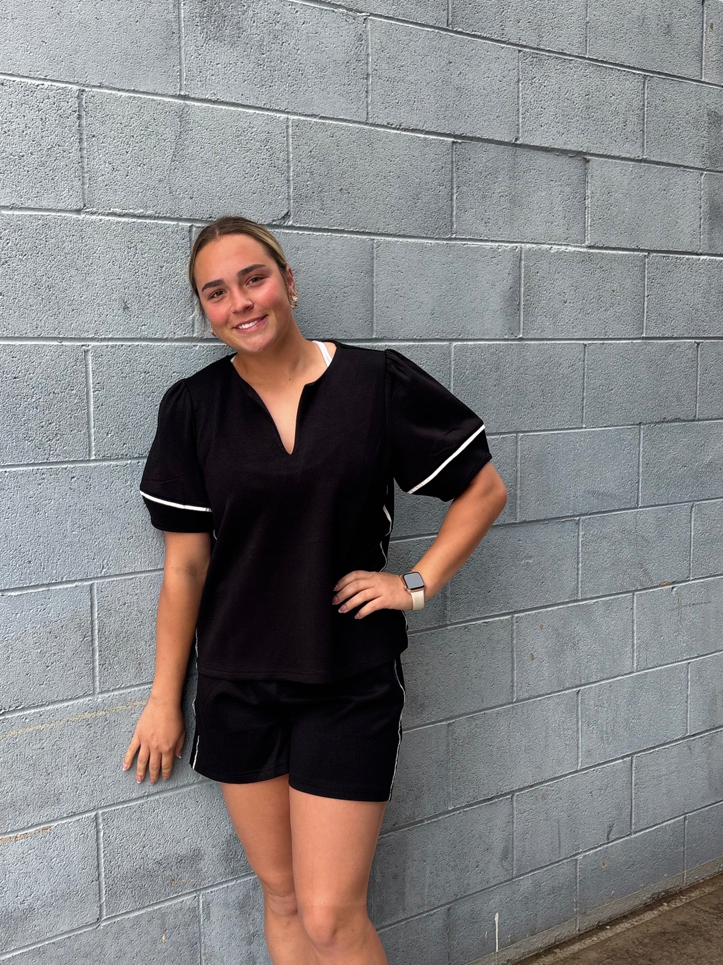 Black Scuba 2-Piece Short Set with White Piping - Athleisure Loungewear