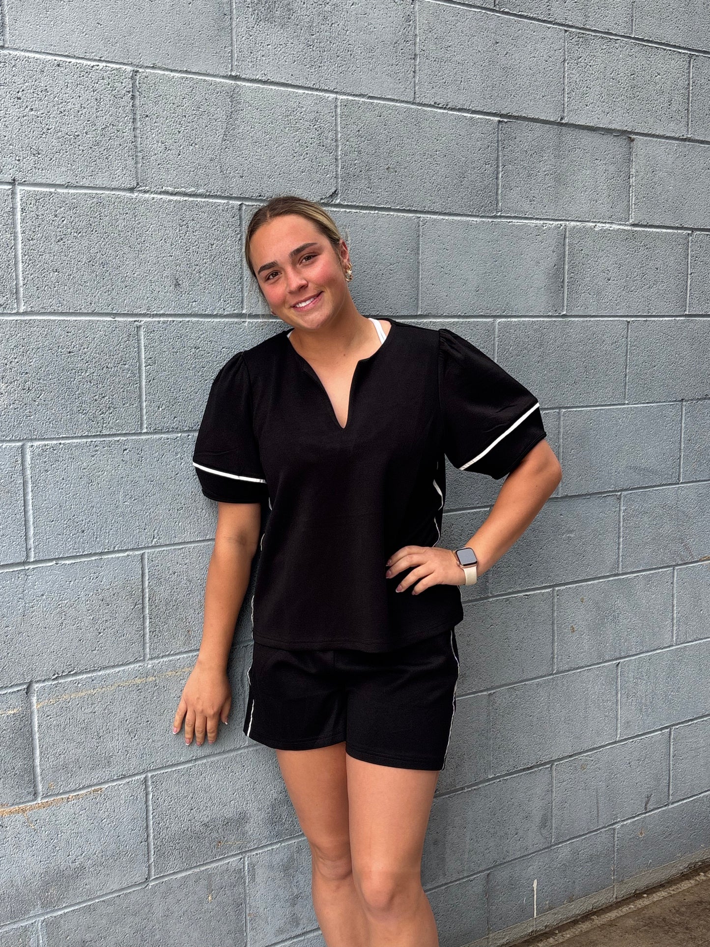 Black Scuba 2-Piece Short Set with White Piping - Athleisure Loungewear