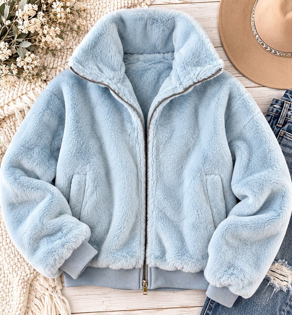 Periwinkle Blue Cropped Fuzzy Zip Down Jacket | Queen Bee Boutique