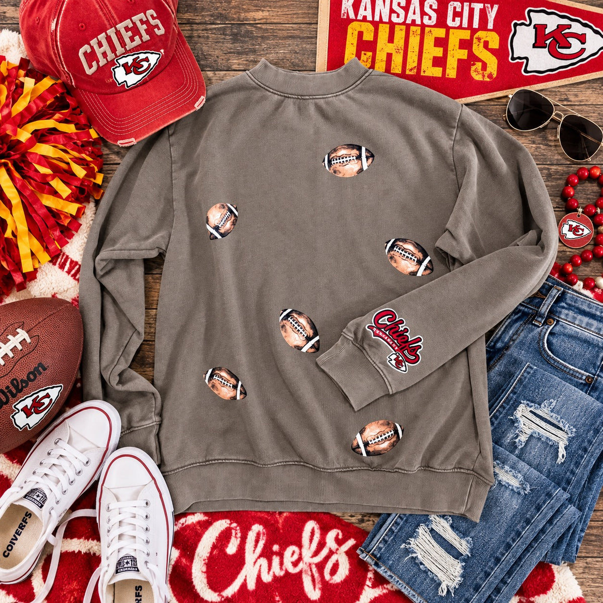 KC Chiefs Sleeve Patch Brown Football Mock Neck | Queen Bee