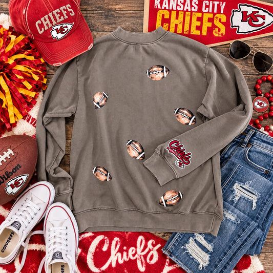 KC Chiefs Sleeve Patch Brown Football Mock Neck | Queen Bee