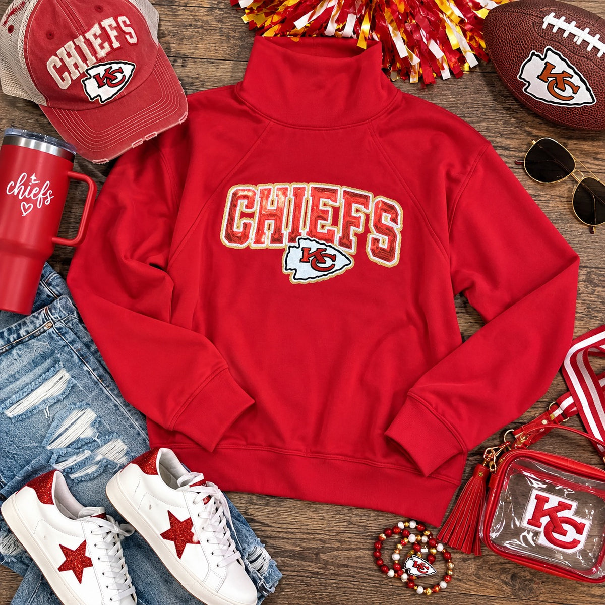 ArrowHead KC Chiefs Sequin Patch Red Half Zip | Queen Bee