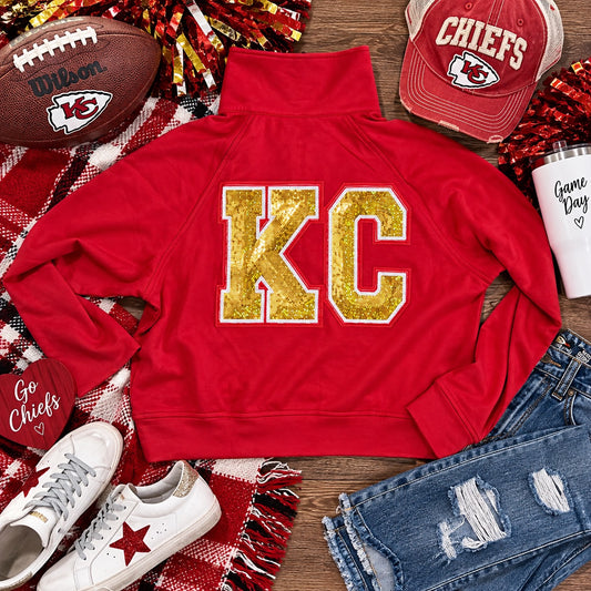 Red Gold Sequin KC Half Zip Pullover | Game Day Sweatshirt