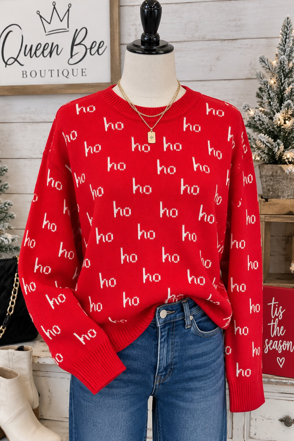 Women’s Relaxed Fit Long Sleeve Knit Ho Ho Ho Sweater | Queen Bee Boutique