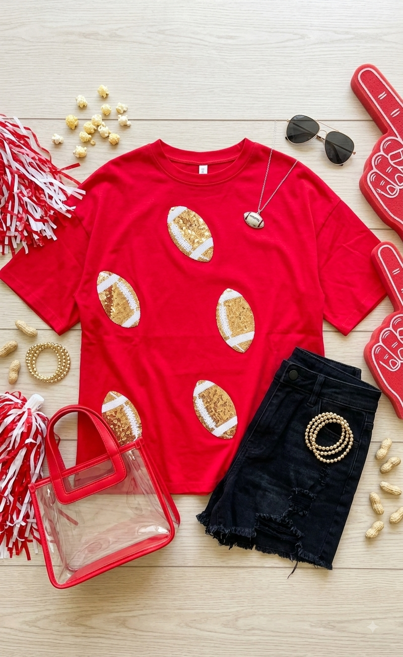Red Kingdom Sequin Patch Top Gameday | Queen Bee Boutique