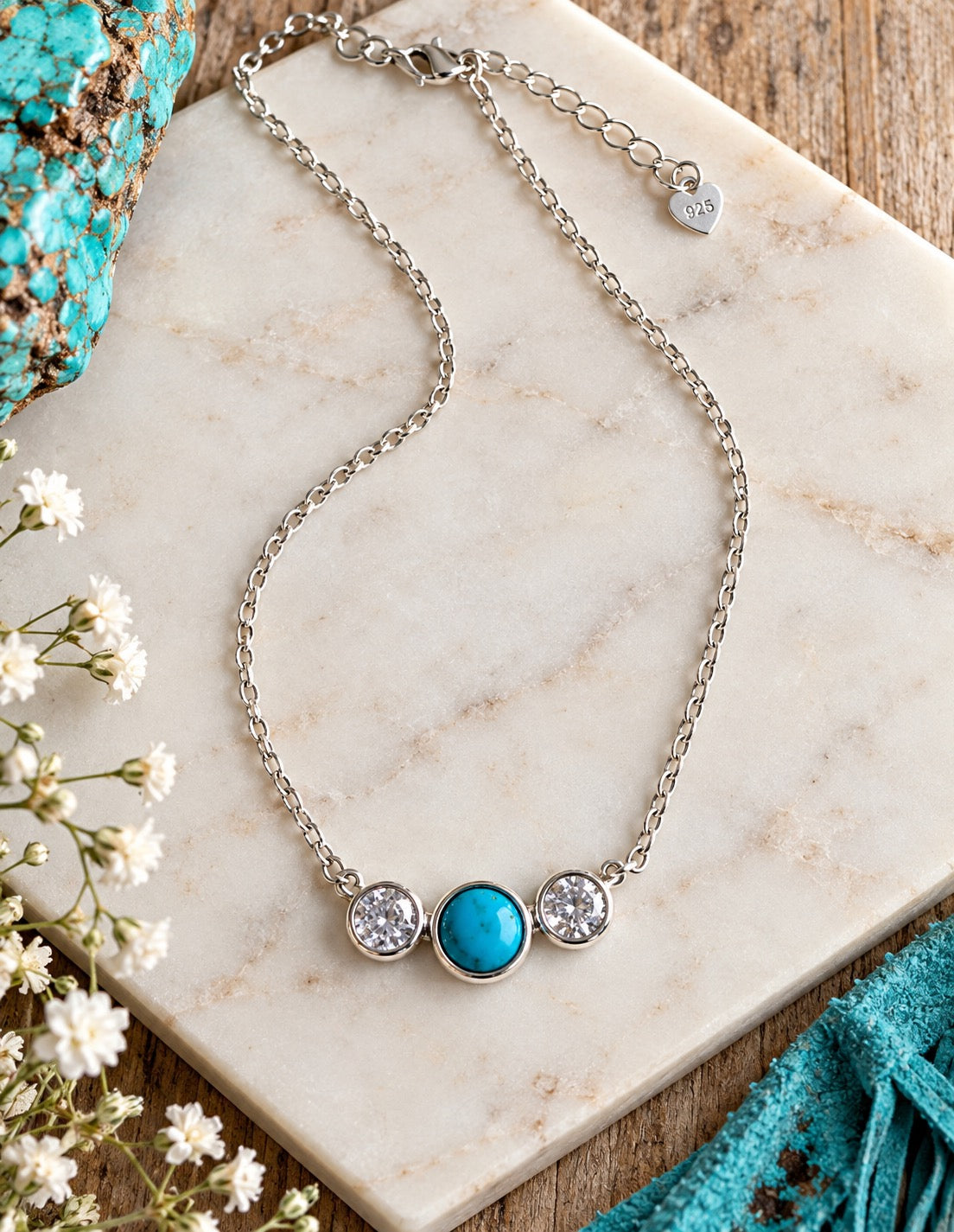Kingman Turquoise & CZ Sterling Silver Necklace – 16" + Extender | Queen Bee Boutique