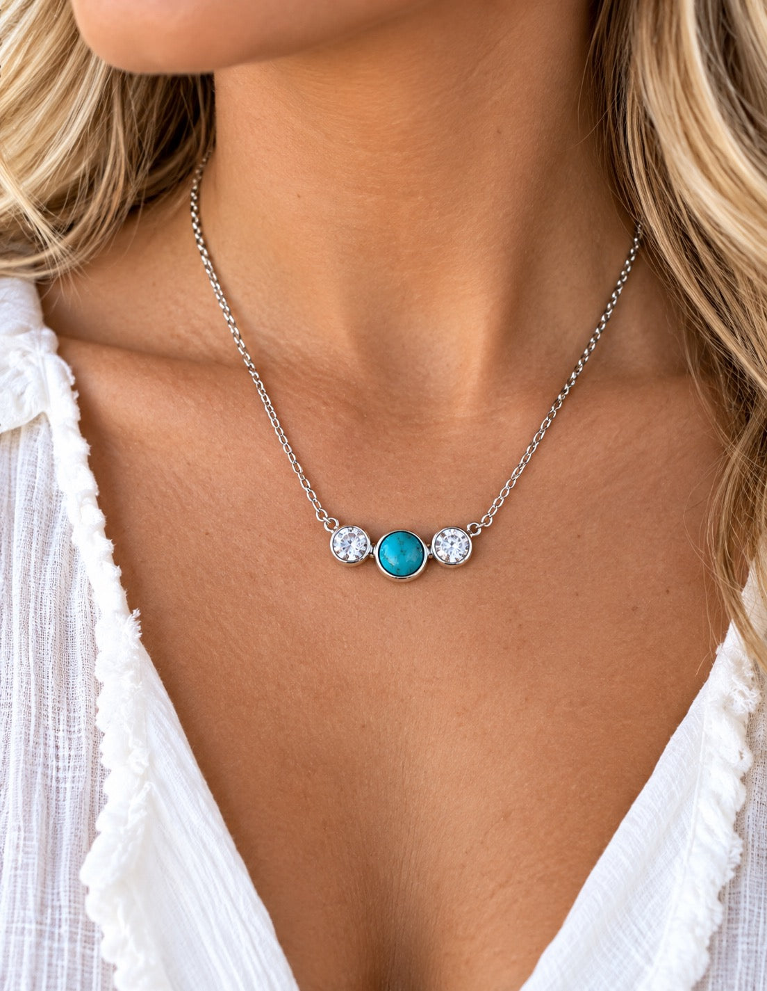 Kingman Turquoise & CZ Sterling Silver Necklace – 16" + Extender | Queen Bee Boutique