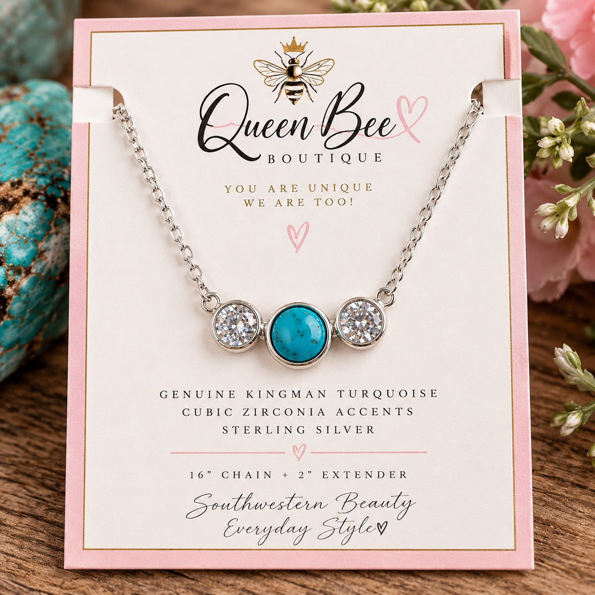Kingman Turquoise & CZ Sterling Silver Necklace – 16" + Extender | Queen Bee Boutique