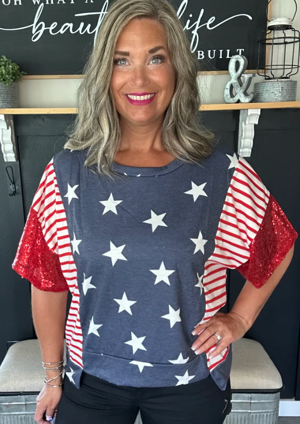 Stars N Stripes Top Sequin Sleeve Accent | Queen Bee Boutique