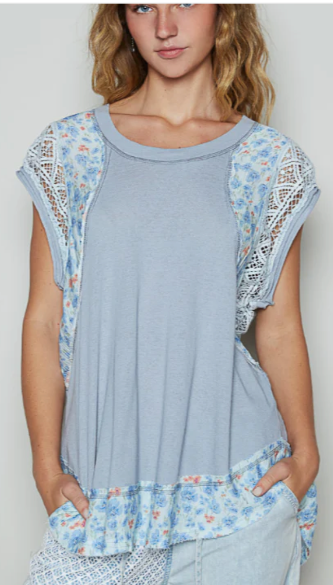 Summer Solstice Top - Blue-Grey Floral with Crochet Detail | Queen Bee Boutique