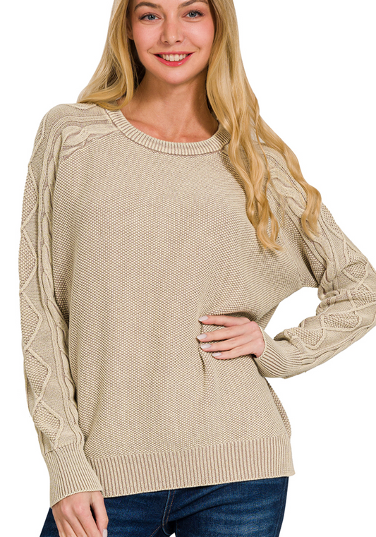STONE WASHED CABLE-SLEEVE CREWNECK SWEATER
