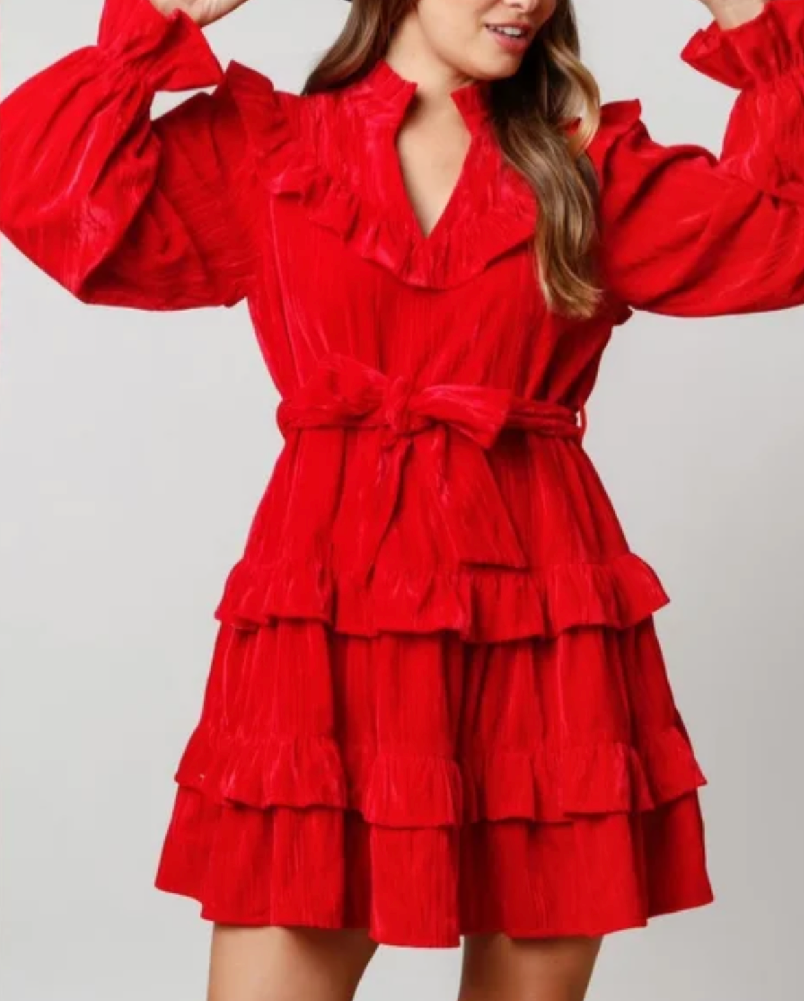 Red Party Holiday Velvet Ruffle Belted Bow Dress