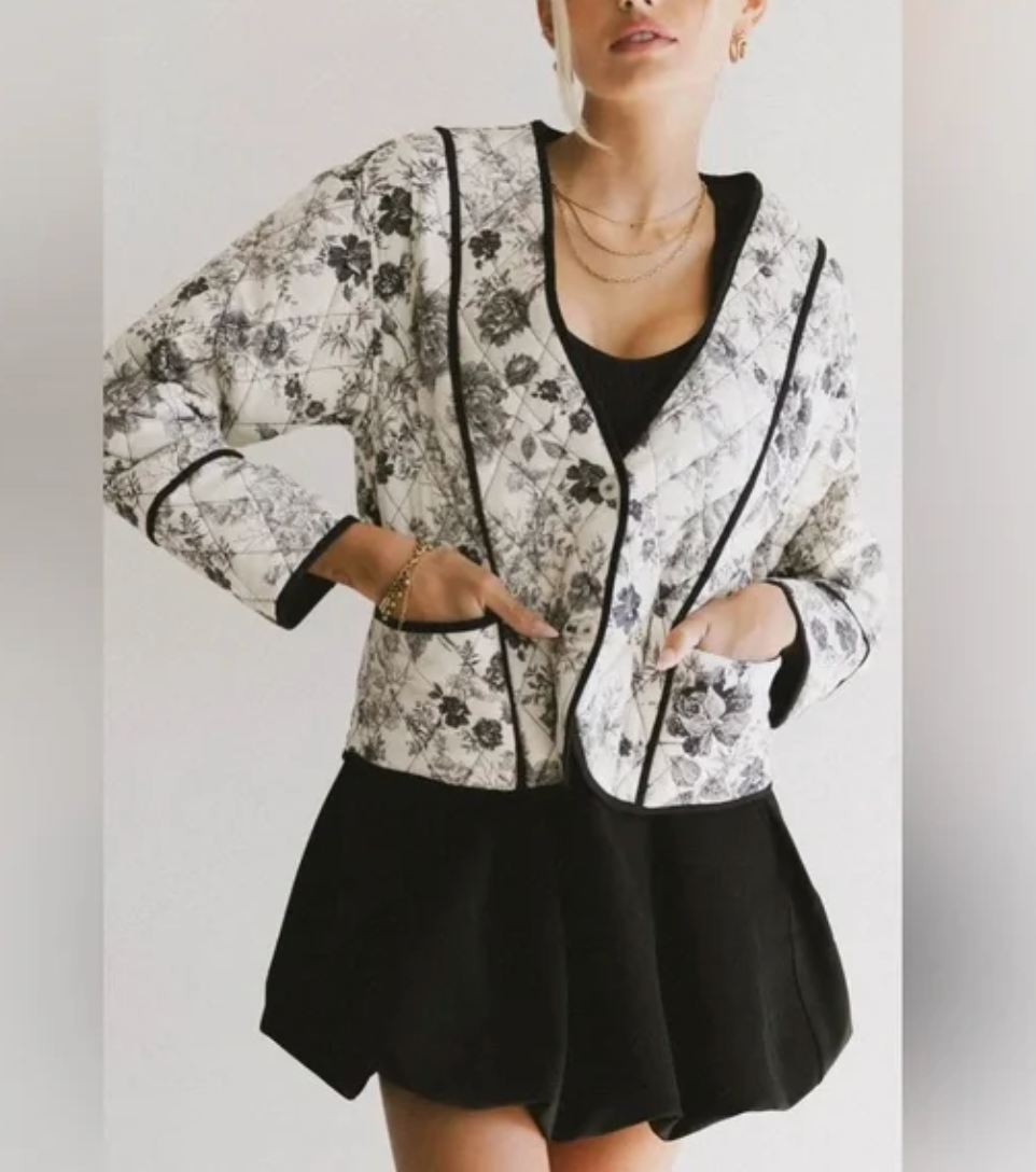 Black White Quilted Button Jacket